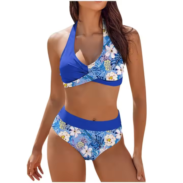 Bikini con estampado floral para mujer, traje de baño de dos piezas, de cintura alta, para adolescentes - 1