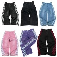 Pantalones Vaqueros de Cintura Alta con Rayas Bordadas Vintage Estilo Hip Hop Callejero para Hombres y Mujeres Pantalones Informales Holgados de Pierna Ancha - details 0