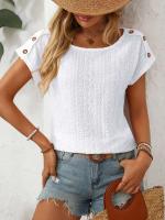 Camiseta de manga corta con botones y cuello redondo para mujer, Top hueco, Color sólido, novedad de primavera y verano 2025 - details 5