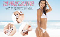 A bikini woman with 3 small photos describing where to use the electric shaver