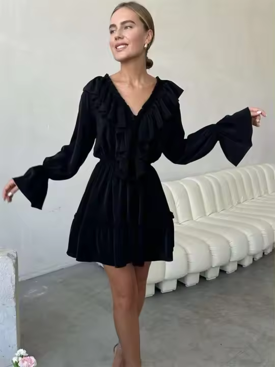 Minifalda blanca para mujer con volantes y cuello en V, elegante manga larga con Shar, cintura alta, encaje - 1