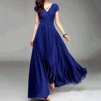 Gran oferta, vestido de noche largo bohemio de Color sólido con manga corta y cuello en V, cintura ajustada - details 8
