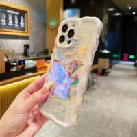 Funda de iPhone 15 Pro Max Pintura al Óleo de Luz Azul Arco Iris Flor Mariposa - details 5