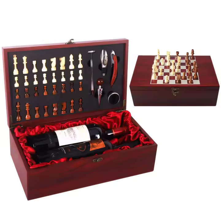 Sacacorchos, juego de accesorios para vino Set Sommelier Premium 4 Piezas - Estuche Caoba con Tablero Ajedrez, Almacena 2 Botellas, Accesorios Bambú/Acero Inox, Ideal para Regalo y Degustaciones(Termómetro no incluido) - 1