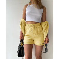 Conjunto de dos piezas para mujer, camisa de manga larga con cuello vuelto de tela arrugada, pantalones cortos con cordón de cintura alta, moda informal de talla grande - details 47