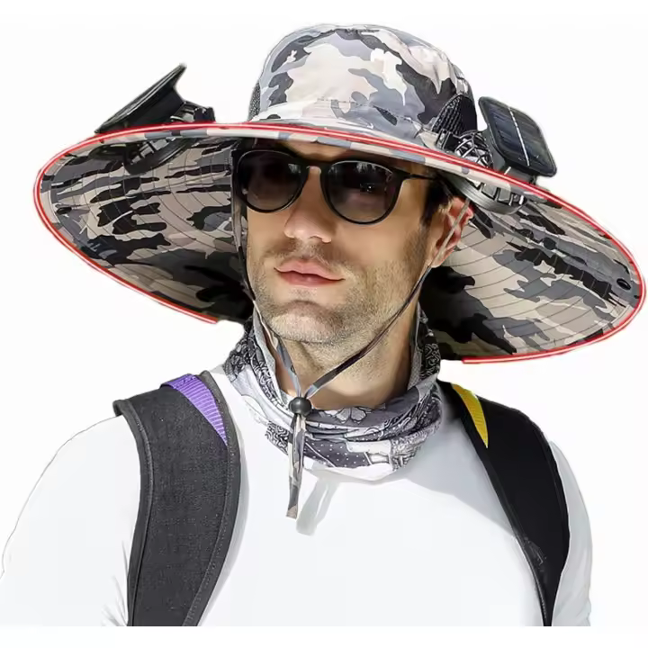 Sombrero con ventilador solar, sombrero con ventilador, sombrero de pesca al aire libre con ventilador solar de ala ancha, carga solar y USB, con anillo de acero reforzado - 1