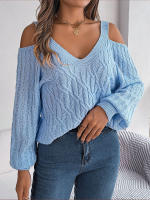 Jersey con cuello en V para mujer, manga farol, Color sólido, torceduras de masa frita, suéter informal suelto, Tops de moda, otoño e invierno, 2023 - details 9