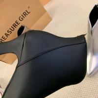 Nuevas botas de mujer con tacón de gato, boca en V, ajustadas, color marrón y piel desnuda. - details 14