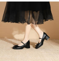 Zapatos individuales de tacón grueso cosidos con lazo de nuevo estilo, zapatos de mujer de tacón medio. - details 16