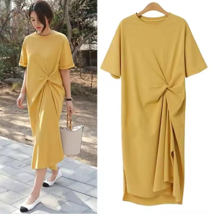 Vestido largo informal por debajo de la rodilla para mujer, vestido holgado de Color sólido con cintura doblada y manga corta con cuello redondo, moda sencilla, verano 2024 - 1