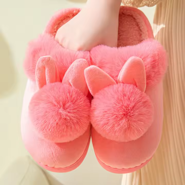 Orejas largas de una sola bola masculina y femenina parejas invierno cálido piso de madera engrosado interior zapatillas cálidas - 1