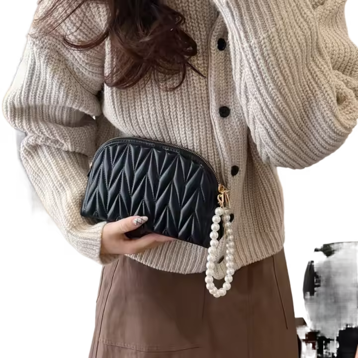 Bolsa de maquillaje multifuncional con cadena de perlas, bolsa de aseo de viaje de estilo coreano de cuero PU, bolsa ligera impermeable para teléfono de mano - 1