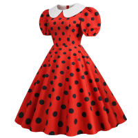 Puff short sleeve polka dot vintage women summer peter pan collar elegant a-line midi party dress - details 2