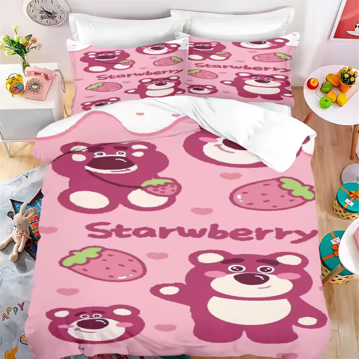 Funda de Edredón de Dibujos Animados de Fresa Bears Ropa de Cama Cálida, Amigable con la Piel, Transpirable - 1