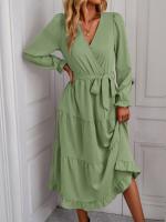 Vestidos largos informales para mujer, Vestido de manga larga con cuello en V y cintura alta, rojo burdeos S - details 20