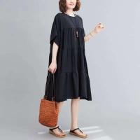 Verano de gran tamaño suelta tendencia algodón y Color sólido parece Midi ropa de mujer vestido fino Casual coreano - details 5