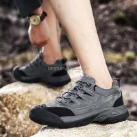 Nuevo Botas de cuero genuino 2025 para senderismo a prueba de agua para hombres, zapatos de seguridad con punta de goma de corte bajo para exteriores, zapatos antideslizantes de marca para - details 0