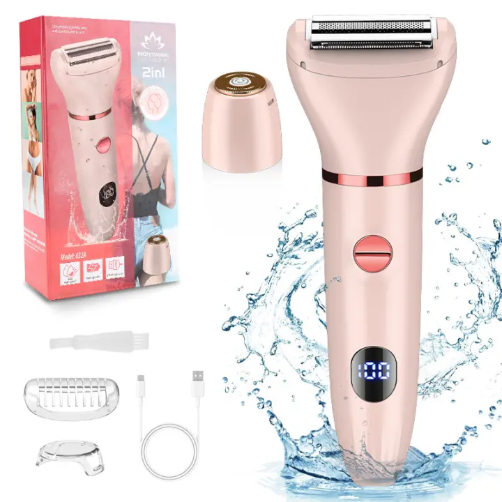 Maquinilla de afeitar eléctrica para mujer 2 en 1 Recortadora de bikini Depilación facial Afeitadora corporal recargable por USB Recortadora de vello púbico seco y húmedo Afeitadora para mujer Pantalla LCD, regalos para mujeres - 1