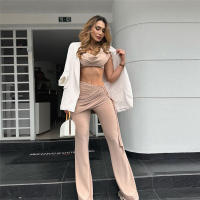 BUNO-Conjunto elegante de 2 piezas con pliegues de gato extraño para mujer, Tops cortos sexis sin mangas con cuello bajo + Pantalones rectos con borlas de cintura Irregular, traje liso - details 25