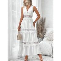 Vestido largo sexy hasta el tobillo blanco de cintura alta sin mangas con cuello en V de encaje para mujer - details 3