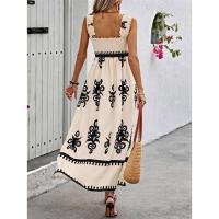 Vestido largo con tirantes y espalda desplegada para mujer, ribete elástico plisado con estampado vintage, cómodo, informal, para vacaciones - details 2