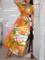 2025 Primavera / Verano Casual Bomisia Vacaciones Estilo Estampado Contraste Color Cuello en V Cintura alta Vestido de manga corta - details 6