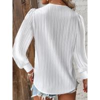 Blusa Informal De Manga Larga Con Cuello En V Para Mujer, Camisa De Retazos De Encaje, Color Sólido, Para Oficina, Primavera - details 2
