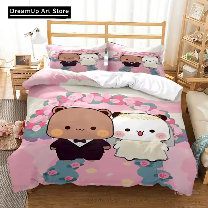 Conjunto de Ropa de Cama Kawaii de Dibujos Animados de Oso Panda Cubierta de Edredón para Hombres y Mujeres Tamaño de Cama Doble, Sencille, Rey - 1
