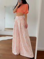 Women casual 2 pieces set elegant v neck short sleeve tops and print wide leg pants - details 7