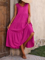 Vestido Boho sin Mangas de Verano 2024 Cuello en V, Color Sólido, Vestido de Flecos en Capas - details 9