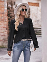 Blusa de gasa de retazos de encaje para mujer, camisa elegante informal de manga larga con cuello en V, trabajo de oficina, moda - details 19