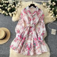 Vestido corto con estampado de wer para mujer, moda de primavera 2024, manga larga acampanada, botones de perlas con muescas, Mini Vestidos de fiesta con cinturón - details 18