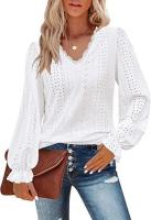Camiseta con cuello en V para mujer Camisa superior de manga plisada informal hueca de otoño - details 1