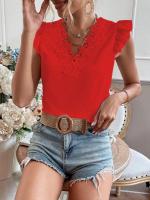 Camiseta elegante a la moda para mujer, camisa informal tejida con encaje plisado de retales de manga corta con cuello en V pequeño para mujer - details 7