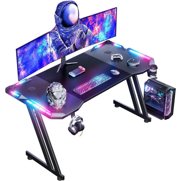 Mesa de Juegos LED para Gamer Fibra de Carbono Ergonómica con Soporte para Auriculares y Gancho - 1