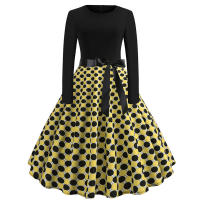 Women dot print party elegant vintage swing long sleeve dress - details 15