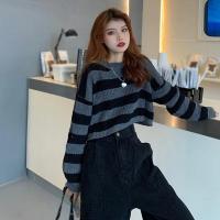 Suéter de estilo coreano con cuello redondo a rayas para mujer, Jersey de punto de colores contrastantes, Tops de punto sueltos de manga larga - details 3