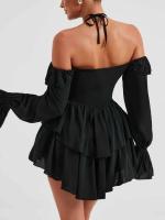 Vestido Mini de Verano 2024 Sexy Elegante con Mangas de Flecos Color Puro Sin Lazos - details 14