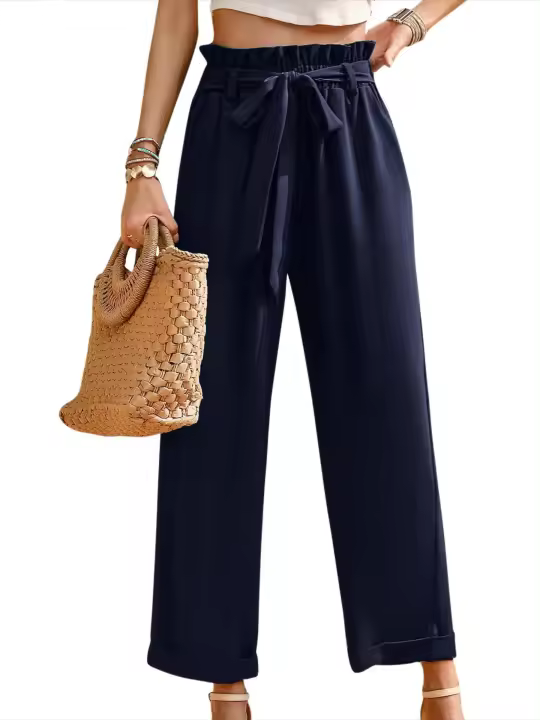 Pantalones de pierna ancha de moda de oficina de mujer de estilo clásico de cintura alta - 1