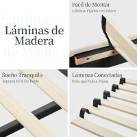 Cama tapizada con cabecera a rayas con alas de láminas de madera y metal, cama matrimonial color beige. - details 8