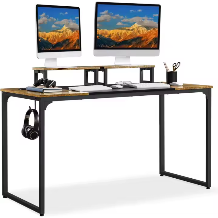 Mesa de Escritorio Industrial Rústico 59 x 140 x 88 cm Soporte Monitor 2 Ojales para Cables/Gancho - 1