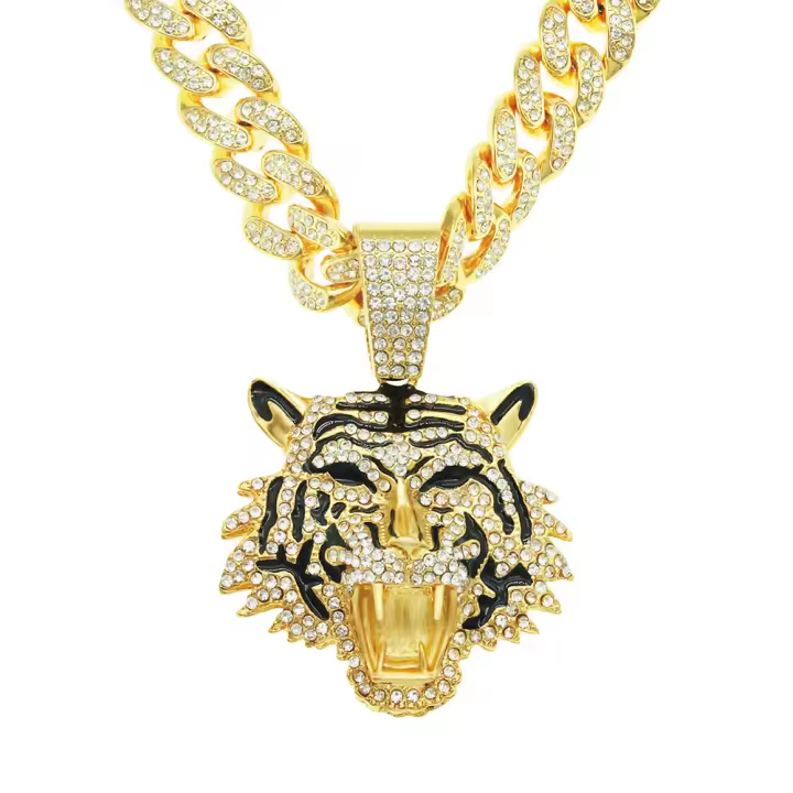 Collar de Oro con Colgante de Tigre con Diamantes - Cadena Larga para Hombres Estilo Hip Hop - 1