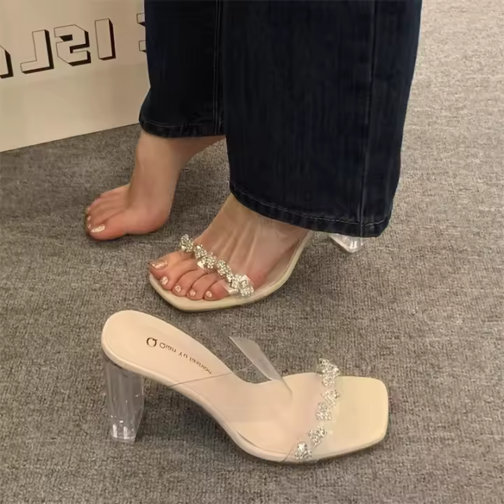 Nuevas sandalias de tacón de cristal transparente con pedrería - 1
