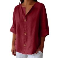 Camiseta de verano "Mujer 2025 con cuello en V, lino y algodón, holgada y transpirable, estilo boho-chic - Moda informal y elegante" "Mujer con cuello en V, algodón, transpirable, - Moda" - details 48