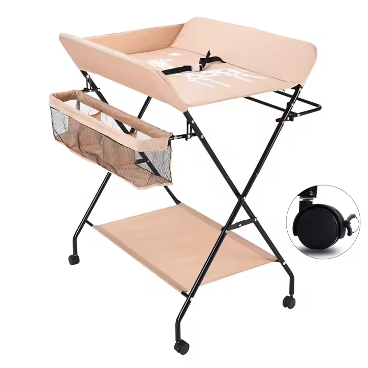 Cambiador infantil plegable con ruedas, altura ajustable, tapete, cinturón de seguridad y compartimentos de almacenamiento - 1