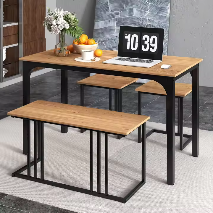 Juego de Comedor Industrial Mesa de Cocina de 120 x 60 cm con Banco y Taburetes - 1
