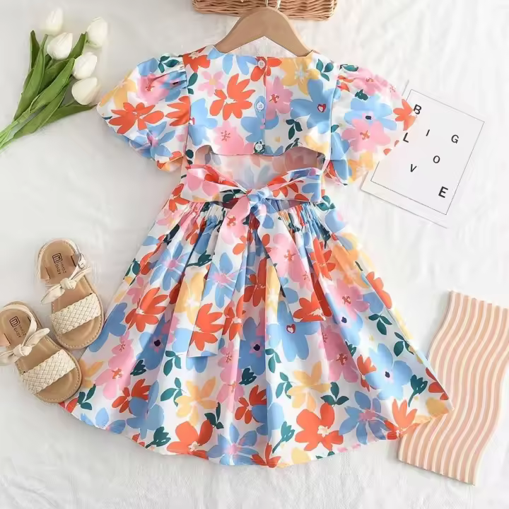 Novedad de verano, niñas de estilo campestre de moda, vestido floral colorido de manga corta para niñas de 3 a 7 años - 1