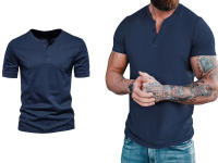 Camiseta de manga corta Henley para hombre, ropa informal de algodón, color azul marino, M-6XL, paquete de 2 - details 1