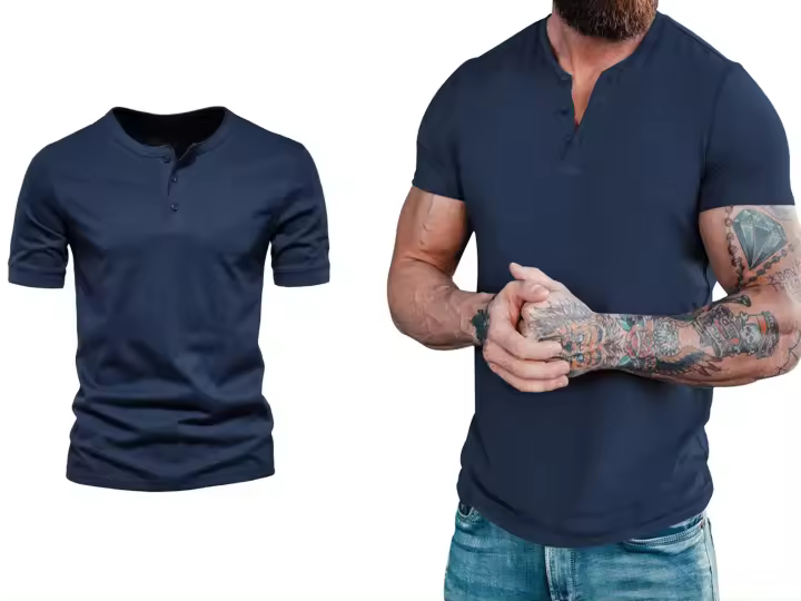 Camiseta de manga corta Henley para hombre, ropa informal de algodón, color azul marino, M-6XL, paquete de 2 - 1