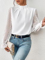 Jersey elegante de Cuello medio alto para mujer, de Color sólido Camisa de gasa, blusa de manga larga con volantes ondulados, Tops sueltos informales para mujer, novedad - details 11